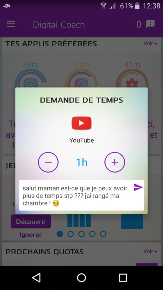 Avec Digital Coach, les enfants peuvent demander du temps d'utilisation supplémentaire à leurs parents