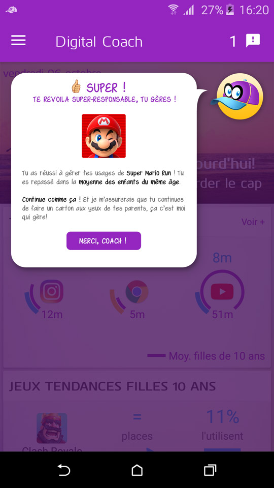 Le Coach donne aux enfants des encouragements positifs quand le temps d'utilisation des apps est équilibré