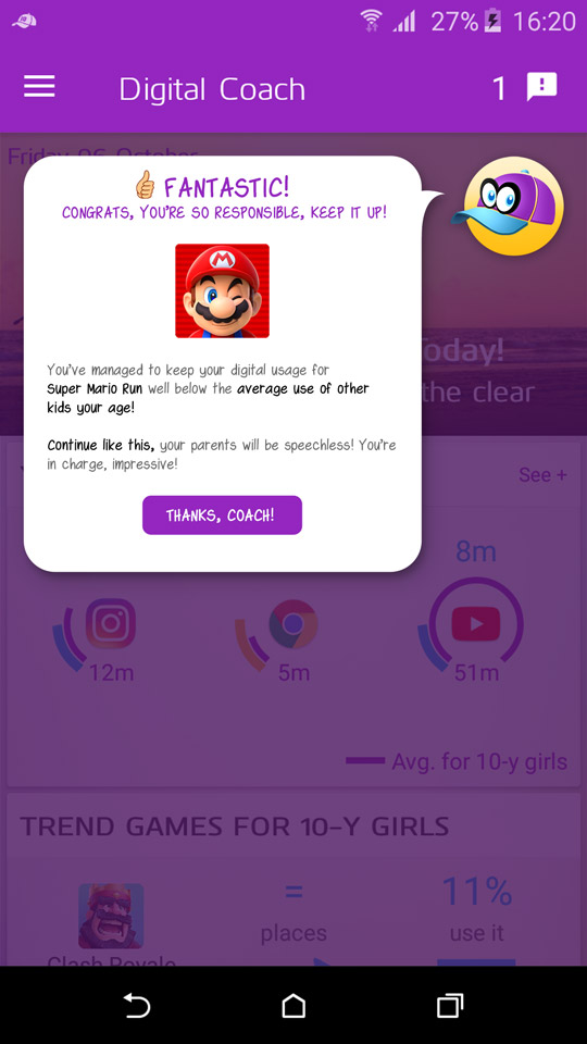 Gives kids positive encouragement when kids app time usage is well balanced